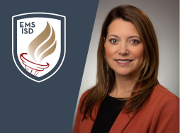 Portrait of Allison Bode with blue background and EMS ISD logo